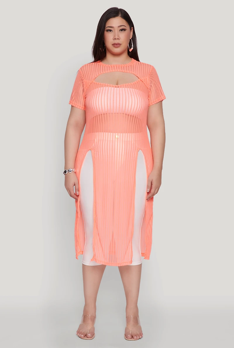 Womens Plus Size Shadow Stripe Slit Front Maxi Top, Orange, Size 1X
