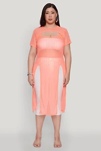 Womens Plus Size Shadow Stripe Slit Front Maxi Top, Orange, Size 1X