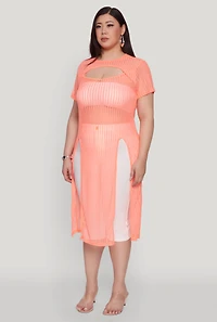 Womens Plus Size Shadow Stripe Slit Front Maxi Top, Orange, Size 1X