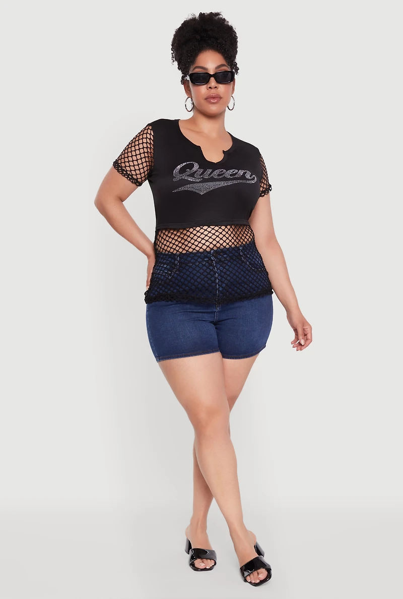 Womens Plus Queen Graphic Top with Fishnet Detail and Rhinestones, 4X