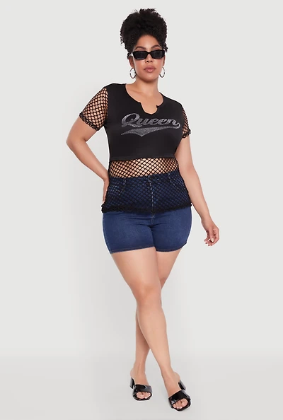 Womens Plus Queen Graphic Top with Fishnet Detail and Rhinestones, 4X