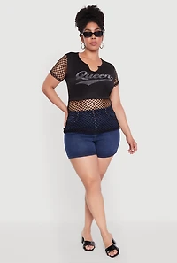 Womens Plus Queen Graphic Top with Fishnet Detail and Rhinestones, Black,