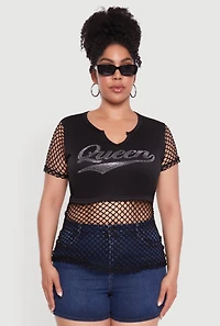Womens Plus Queen Graphic Top with Fishnet Detail and Rhinestones,