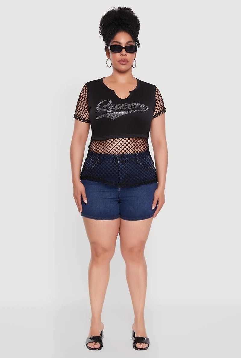 Womens Plus Queen Graphic Top with Fishnet Detail and Rhinestones,