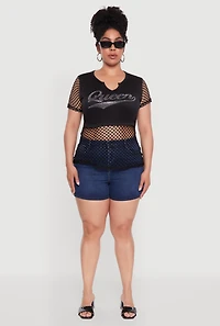 Womens Plus Queen Graphic Top with Fishnet Detail and Rhinestones,