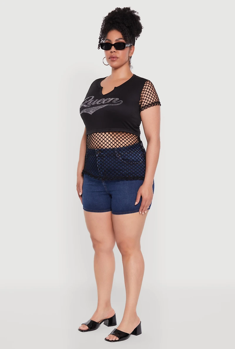 Womens Plus Queen Graphic Top with Fishnet Detail and Rhinestones,