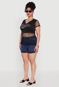 Womens Plus Queen Graphic Top with Fishnet Detail and Rhinestones,