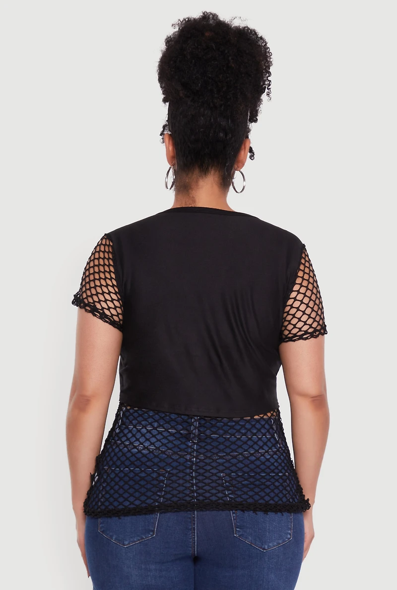 Womens Plus Queen Graphic Top with Fishnet Detail and Rhinestones,