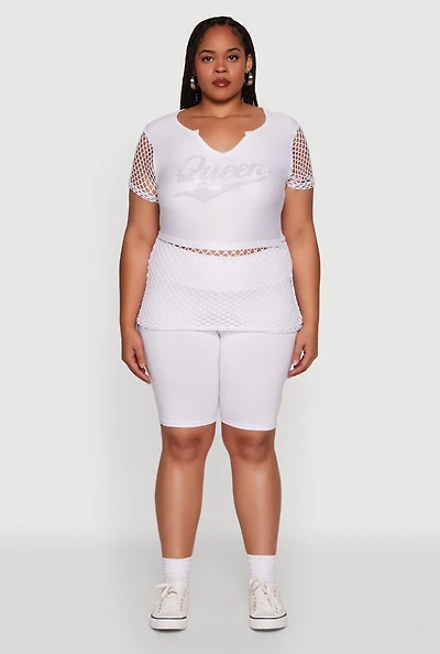 Plus Queen Graphic Top with Fishnet Detail and Rhinestones