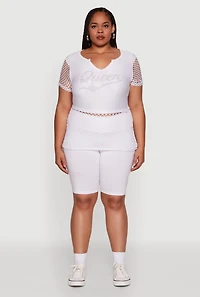 Plus Queen Graphic Top with Fishnet Detail and Rhinestones