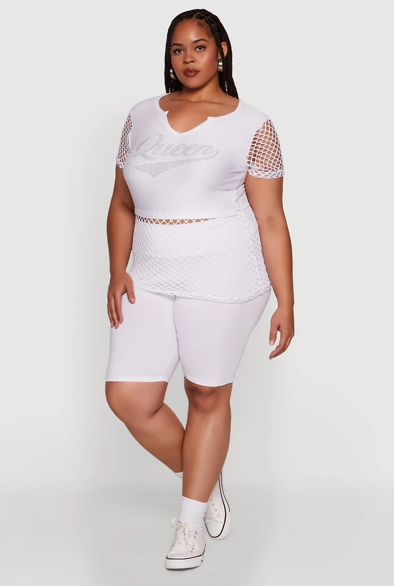 Womens Plus Size Queen Graphic Top with Fishnet Detail and Rhinestones, White, Size 3X