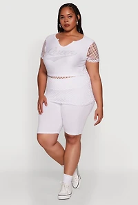 Womens Plus Size Queen Graphic Top with Fishnet Detail and Rhinestones, White, Size 3X