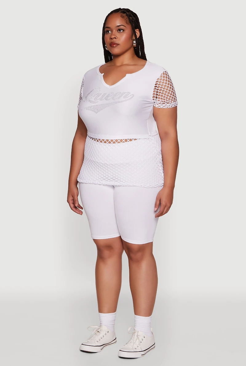 Plus Queen Graphic Top with Fishnet Detail and Rhinestones