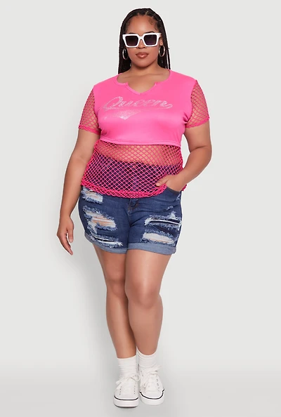 Womens Plus Size Queen Graphic Top with Fishnet Detail and Rhinestones, Pink, Size 2X
