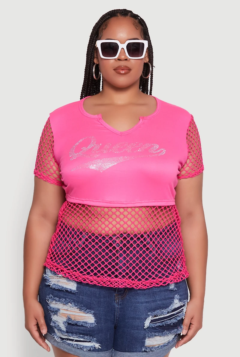 Womens Plus Size Queen Graphic Top with Fishnet Detail and Rhinestones, Pink, Size 1X