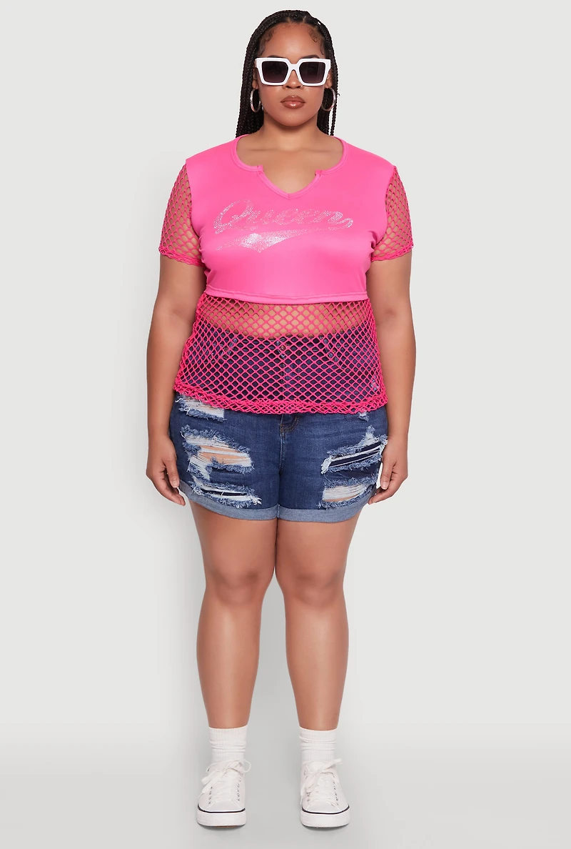 Womens Plus Size Queen Graphic Top with Fishnet Detail and Rhinestones, Pink, Size 1X