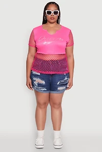 Womens Plus Size Queen Graphic Top with Fishnet Detail and Rhinestones, Pink, Size 1X