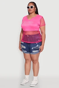 Womens Plus Size Queen Graphic Top with Fishnet Detail and Rhinestones, Pink, Size 2X