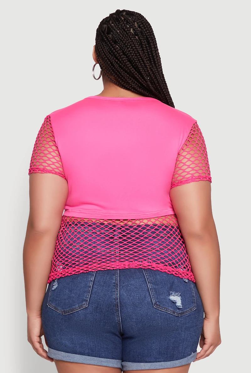 Womens Plus Size Queen Graphic Top with Fishnet Detail and Rhinestones, Pink, Size 3X