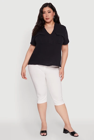 Womens Plus Gauze Knit Cargo Pocket Blouse,