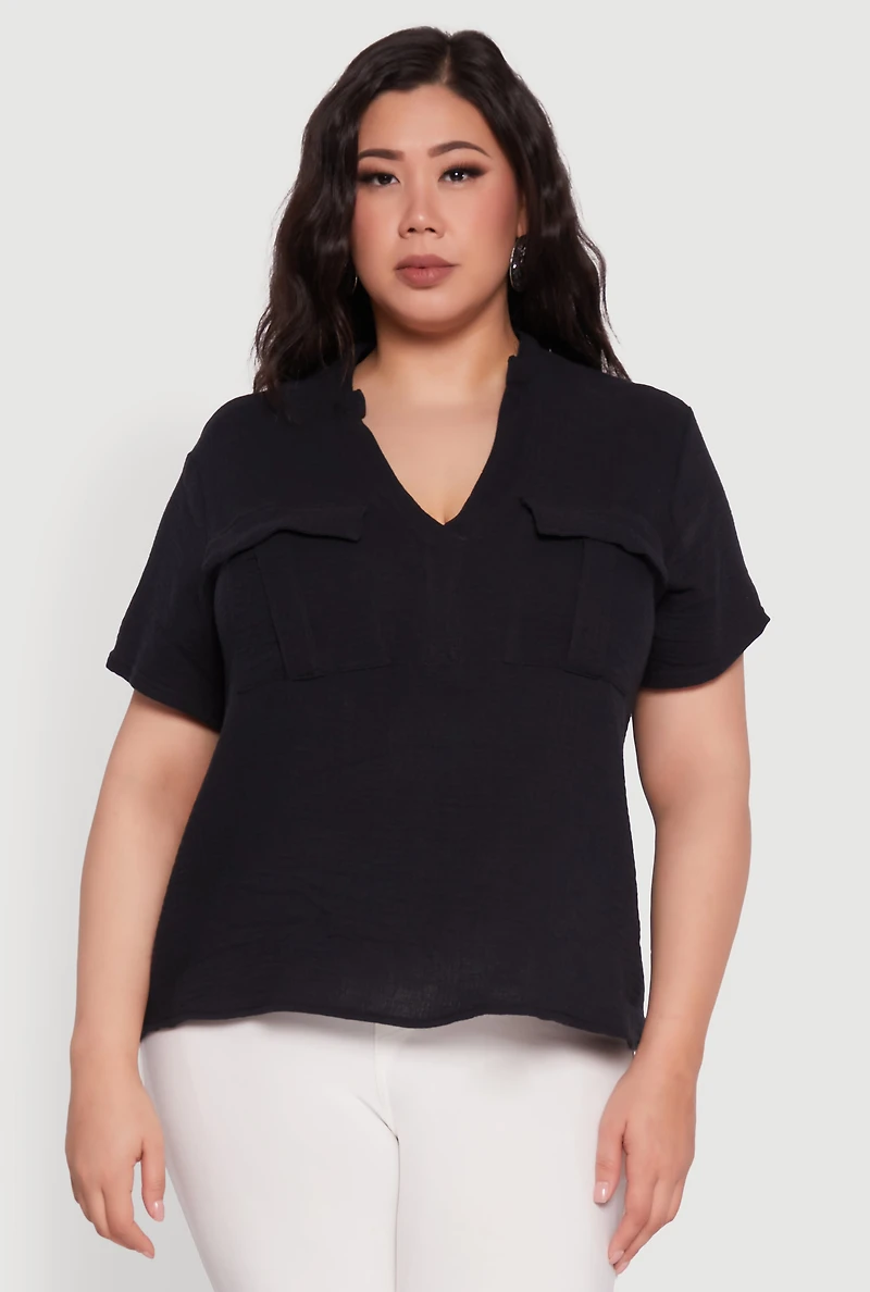 Plus Gauze Knit Cargo Pocket Blouse