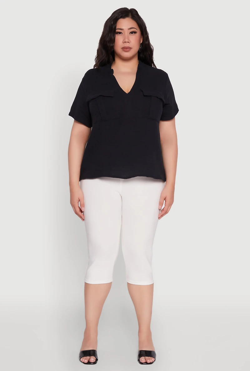 Plus Gauze Knit Cargo Pocket Blouse