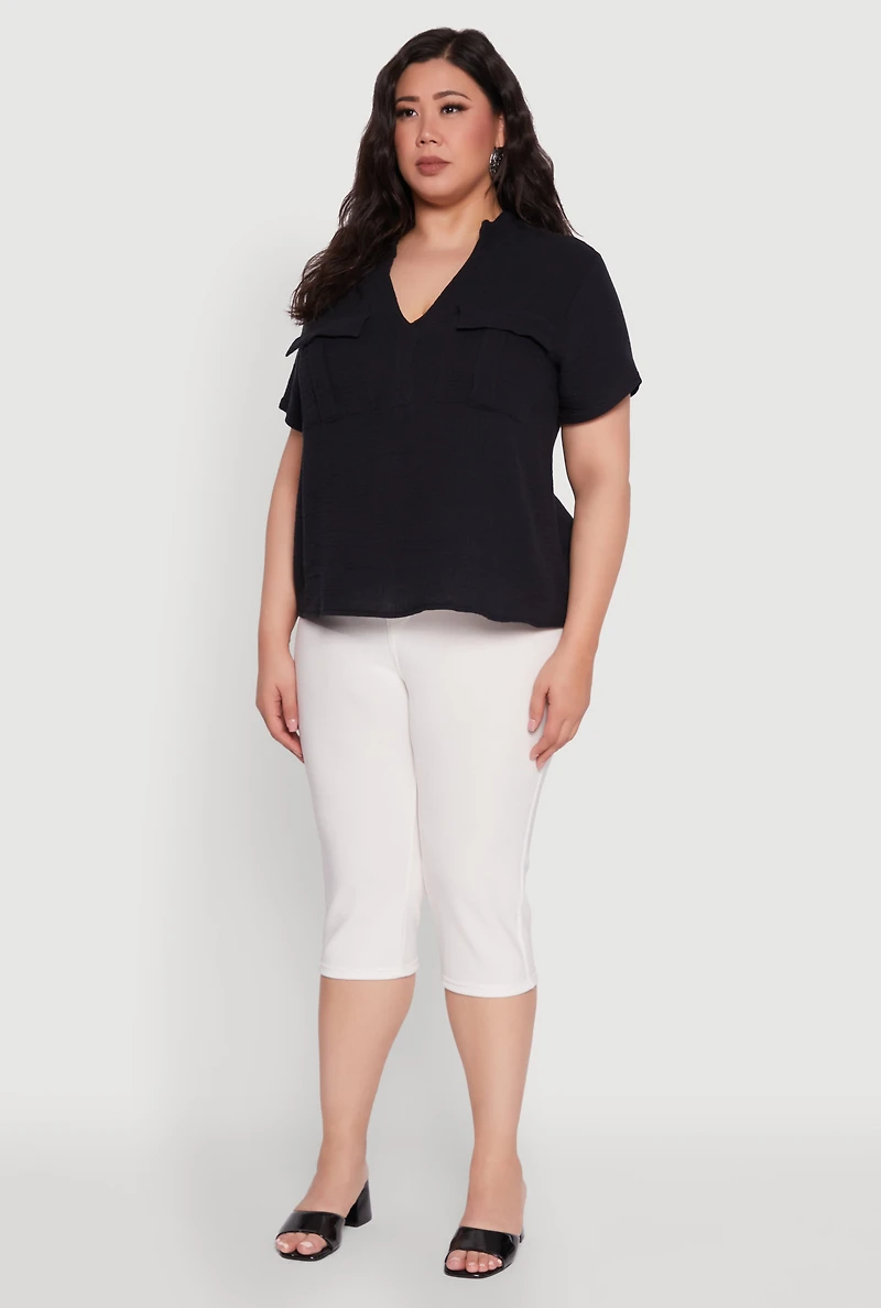 Plus Gauze Knit Cargo Pocket Blouse