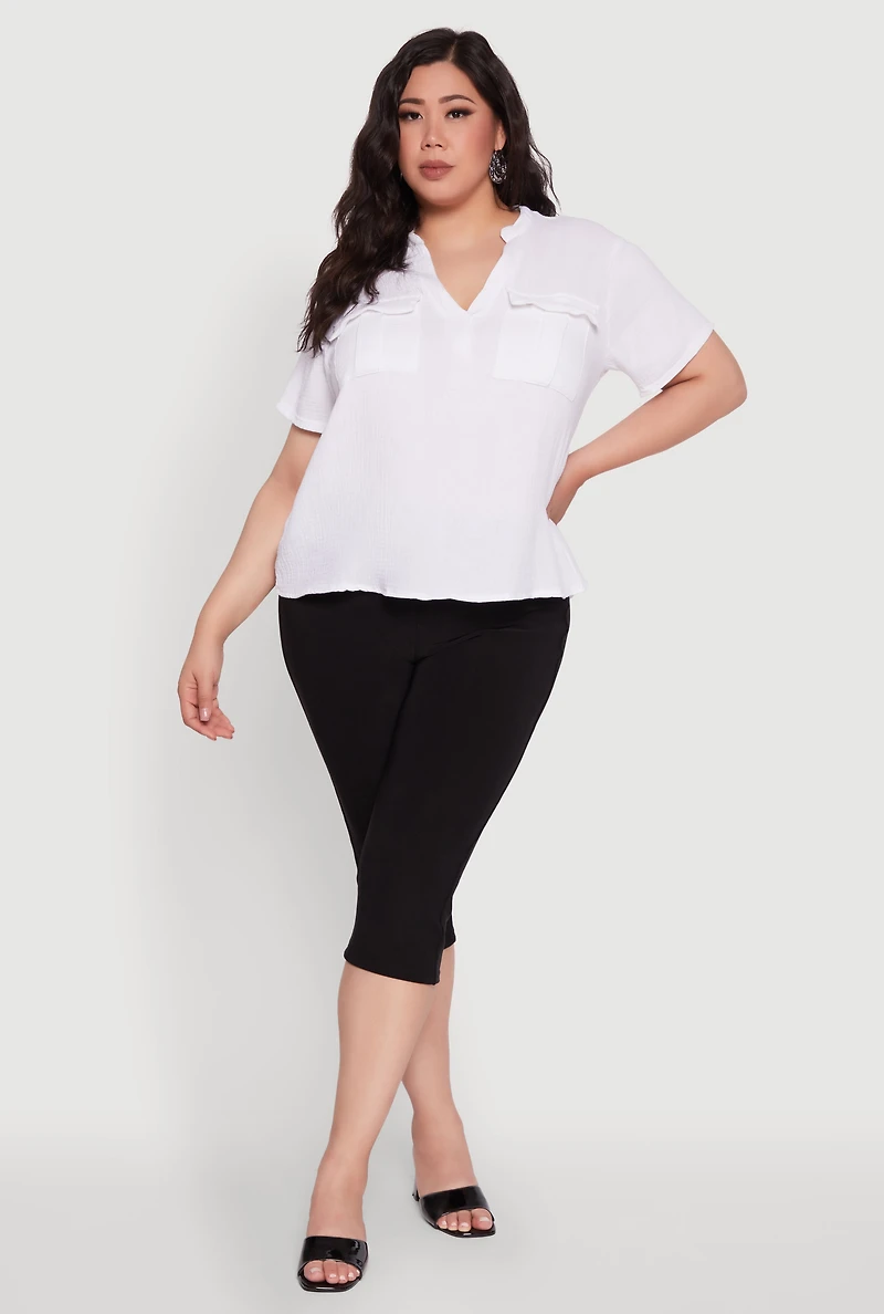 Womens Plus Gauze Knit Cargo Pocket Blouse, White,