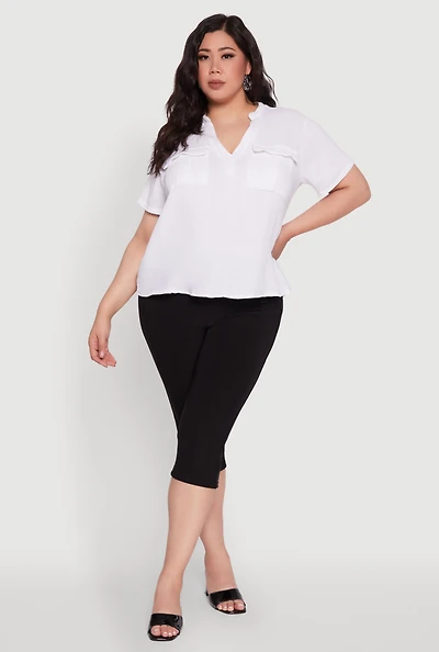 Womens Plus Gauze Knit Cargo Pocket Blouse, White,