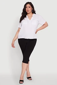 Womens Plus Gauze Knit Cargo Pocket Blouse, White,
