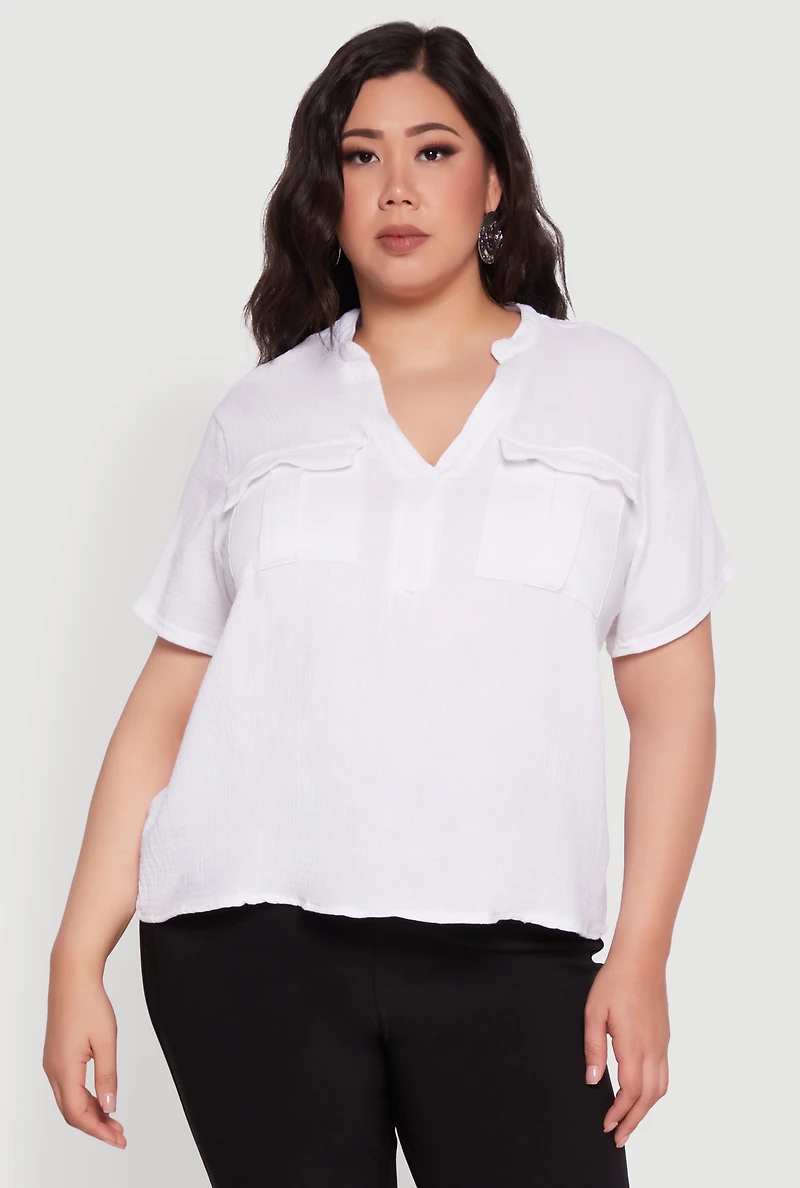 Womens Plus Gauze Knit Cargo Pocket Blouse, White,