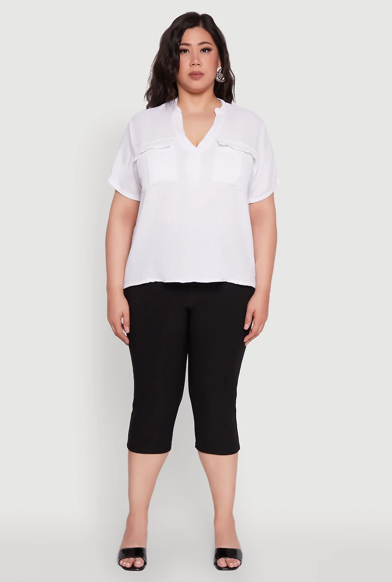 Womens Plus Gauze Knit Cargo Pocket Blouse, White,