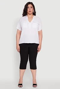 Womens Plus Gauze Knit Cargo Pocket Blouse, White,
