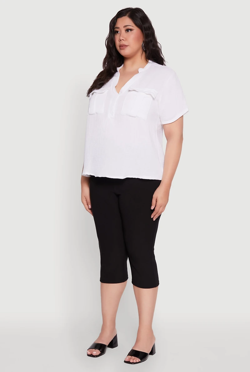 Womens Plus Gauze Knit Cargo Pocket Blouse, White,