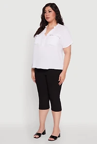 Womens Plus Gauze Knit Cargo Pocket Blouse, White,