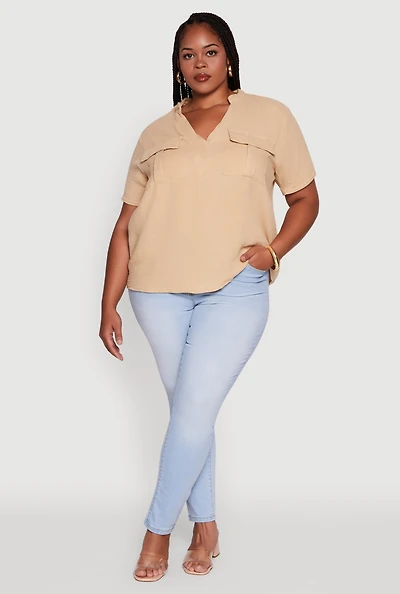 Womens Plus Size Gauze Knit Cargo Pocket Blouse, Beige, Size 4X