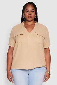 Womens Plus Gauze Knit Cargo Pocket Blouse,