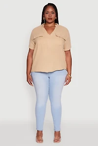 Womens Plus Size Gauze Knit Cargo Pocket Blouse, Beige, Size 4X