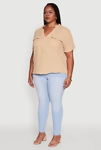 Womens Plus Size Gauze Knit Cargo Pocket Blouse, Beige, Size 4X