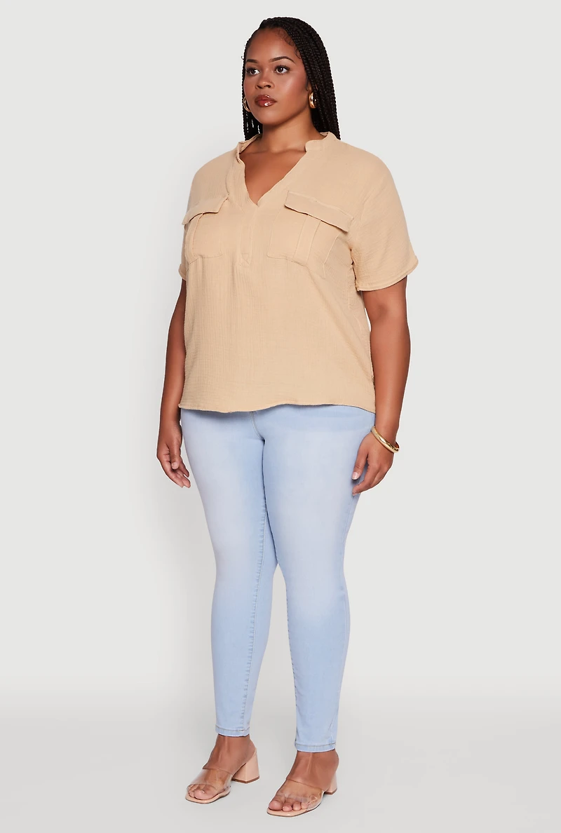 Womens Plus Gauze Knit Cargo Pocket Blouse,