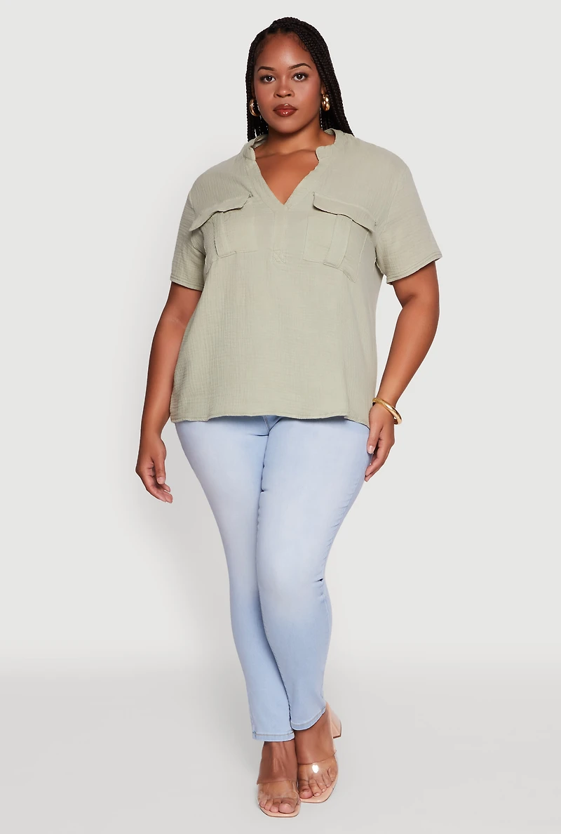 Womens Plus Gauze Knit Cargo Pocket Blouse, 3X