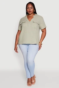 Womens Plus Gauze Knit Cargo Pocket Blouse, 3X