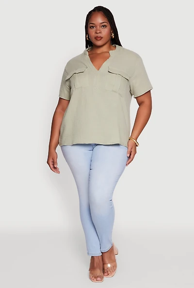 Womens Plus Gauze Knit Cargo Pocket Blouse,