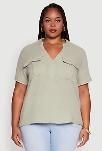 Womens Plus Gauze Knit Cargo Pocket Blouse, 3X