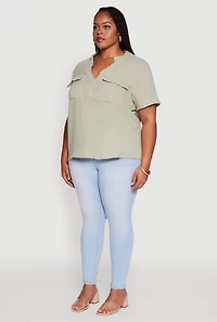 Womens Plus Gauze Knit Cargo Pocket Blouse, 3X