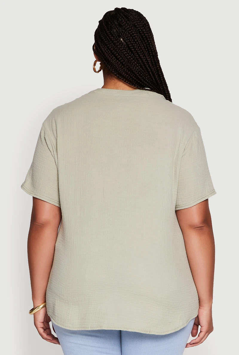 Womens Plus Size Gauze Knit Cargo Pocket Blouse, Green, Size 4X