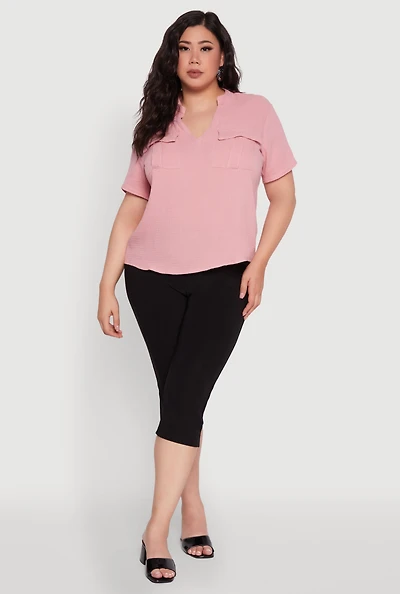 Womens Plus Gauze Knit Cargo Pocket Blouse,