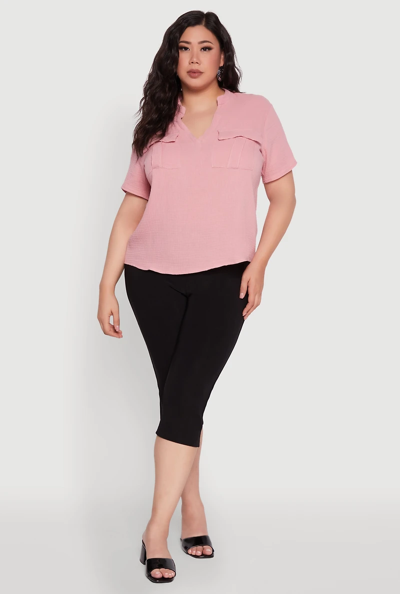 Plus Gauze Knit Cargo Pocket Blouse