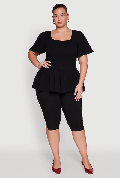Womens Plus Size Smocked Square Neck Peplum Top, Black, Size 2X