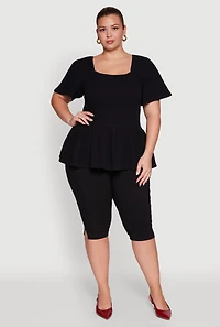 Womens Plus Size Smocked Square Neck Peplum Top, Black, Size 2X